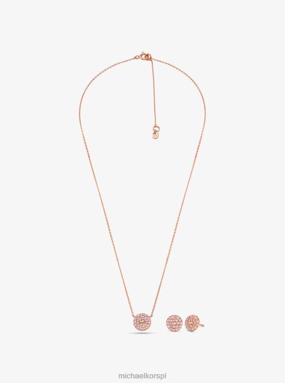 Zestaw kolczyków i naszyjnika w kształcie krążków z logo Pave, pozłacanych 14-karatowym różowym złotem kobiety Michael Kors różowe złoto LHN662493 biżuteria