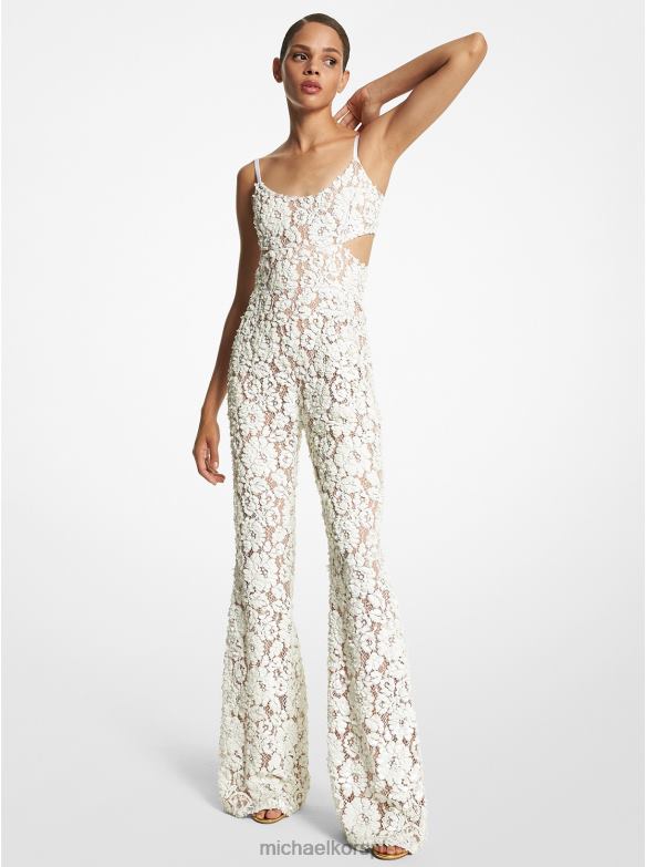kolekcja ręcznie haftowanego, rozkloszowanego kombinezonu z błyskotką w kwiaty i koronką kobiety Michael Kors optyczna biel LHN663424 odzież