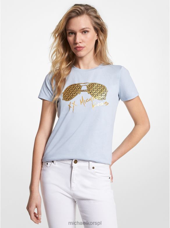 T-shirt z bawełny organicznej i metalowym logo lotnika kobiety Michael Kors To Chambray LHN66409 odzież