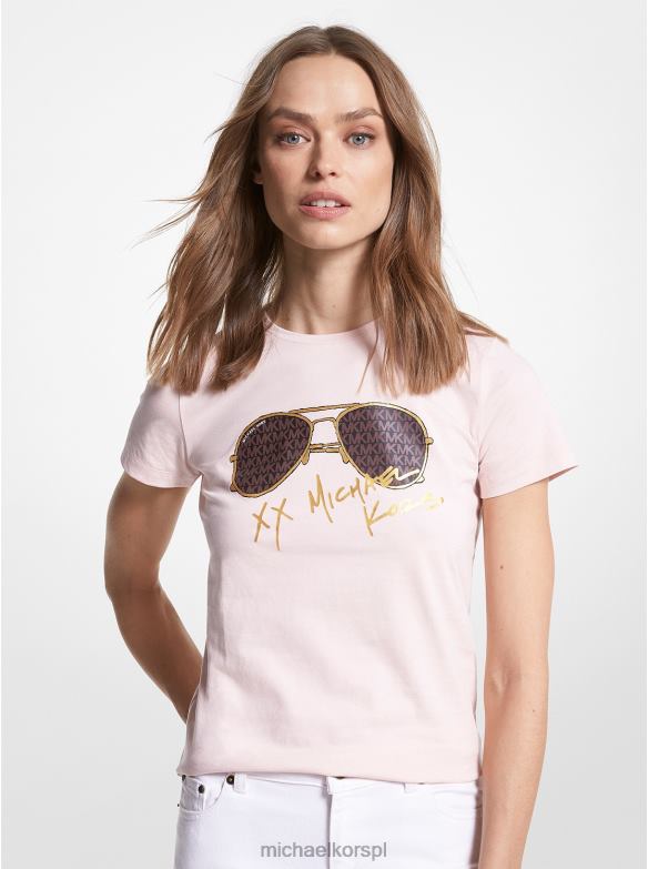 T-shirt z bawełny organicznej i nadrukiem lotnika z logo kobiety Michael Kors róż w proszku LHN66385 odzież