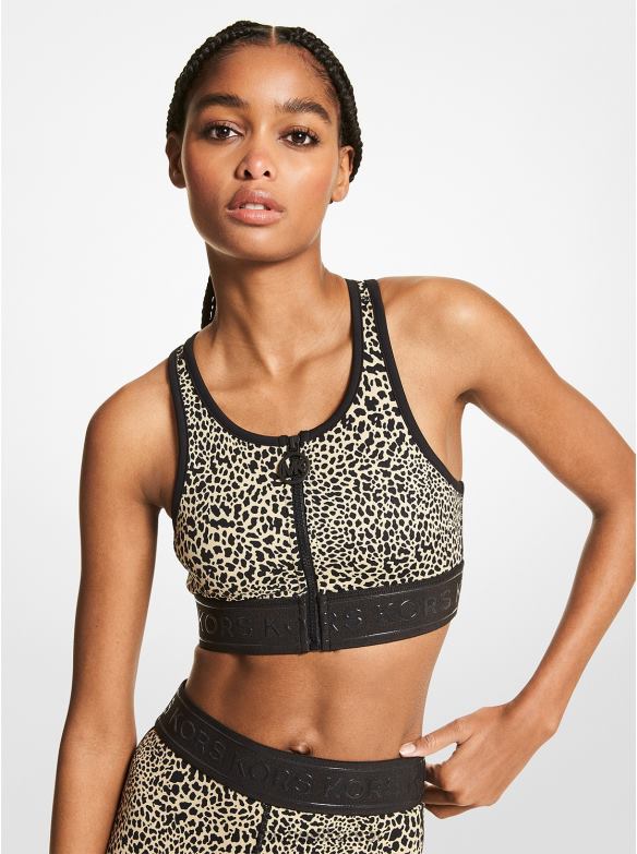 Biustonosz sportowy z nylonową mieszanką graficznego zwierzęcego motywu, zapinany na zamek z przodu kobiety Michael Kors khaki LHN66453 odzież