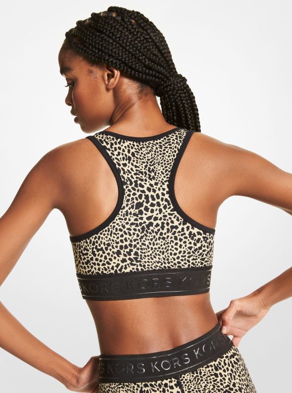 Biustonosz sportowy z nylonową mieszanką graficznego zwierzęcego motywu, zapinany na zamek z przodu kobiety Michael Kors khaki LHN66453 odzież