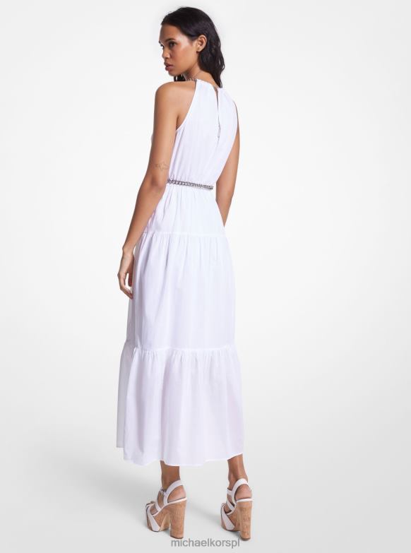 Bawełniana sukienka midi z łańcuszkiem i wiązaniem na szyi kobiety Michael Kors biały LHN6667 odzież