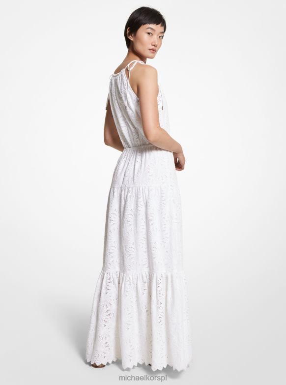 bawełniana sukienka z oczkami, wiązana na szyi kobiety Michael Kors biały LHN6696 odzież