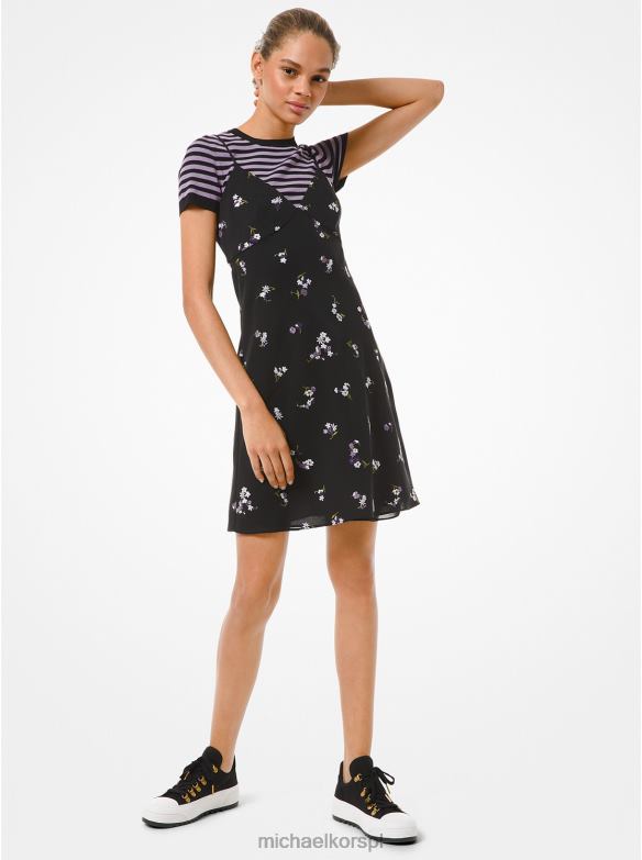 haftowana kwiatowa sukienka z marszczoną żorżetą kobiety Michael Kors czarny LHN66188 odzież