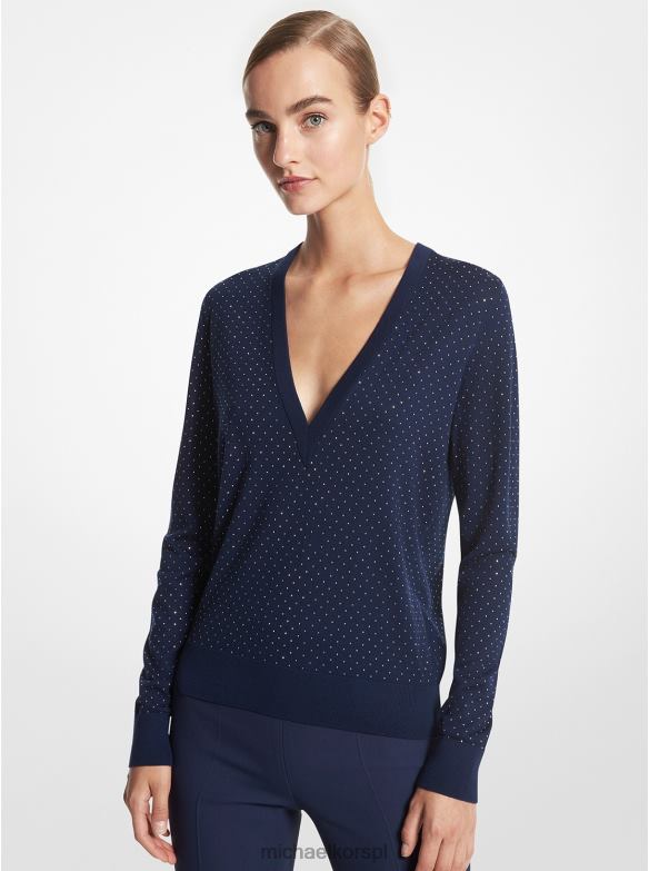 Kolekcja Sweter z ćwiekami i dekoltem w kształcie litery V, wykonany z wełny merynosów kobiety Michael Kors granatowy/złoty LHN663561 odzież