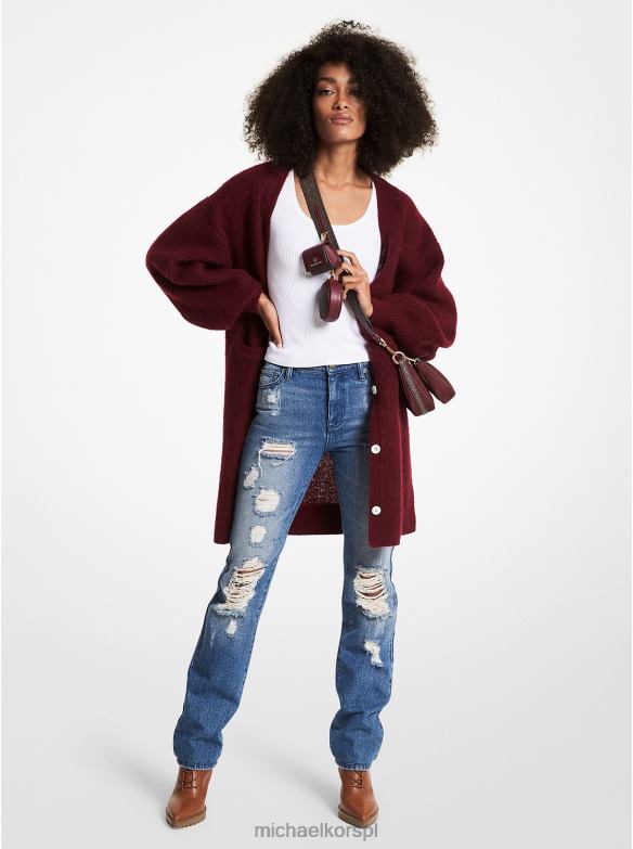 teksturowany, dzianinowy kardigan z dekoltem w kształcie litery V kobiety Michael Kors ciemny rubin LHN66525 odzież